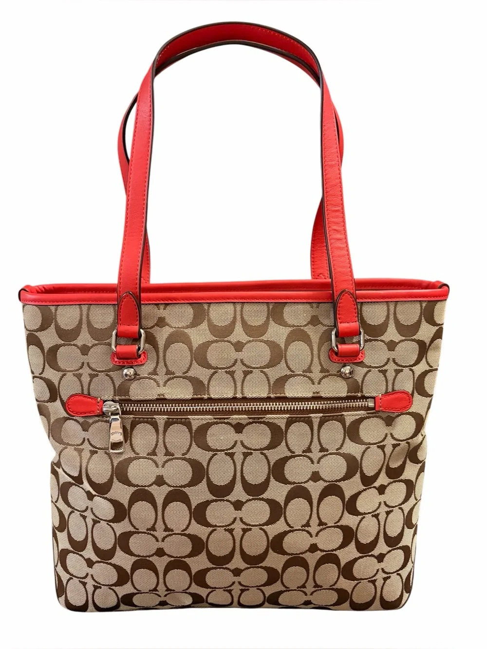Coach Signature Zip Top Tote Khaki/Red NWT